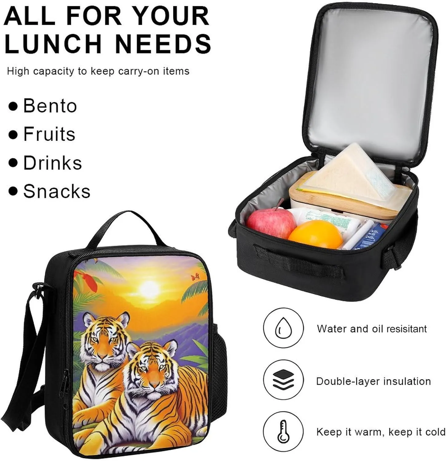 Supdreamc 3 Piece Daypack King Of The Tiger Tropical Rainforest Landscape Jungle Art Travel Hiking Bag & Day Pack - Big Capacity Multipurpose Bookbag Lunch Bag Pencil Case for Adult