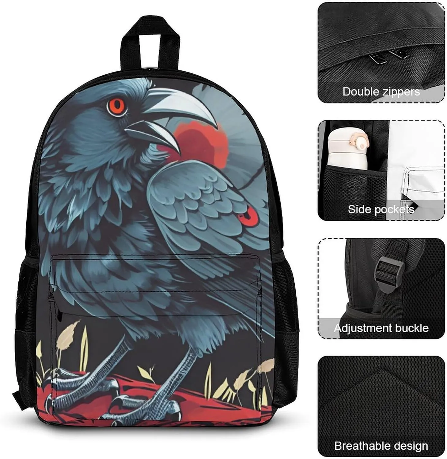 Supdreamc Adults Daypack - Horrible Night Crow Bloody Art Bookbag 3 Piece College Daypack Traveling & Camping Backpack, 3 Piece Climbing Shoulder Bag