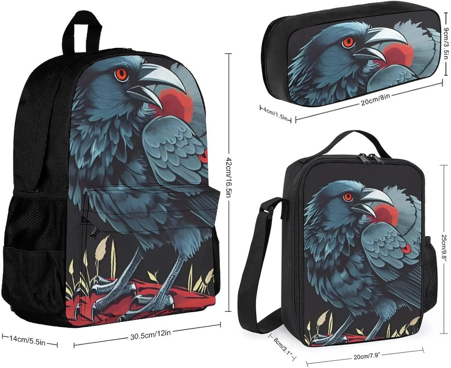 Supdreamc Adults Daypack - Horrible Night Crow Bloody Art Bookbag 3 Piece College Daypack Traveling & Camping Backpack, 3 Piece Climbing Shoulder Bag
