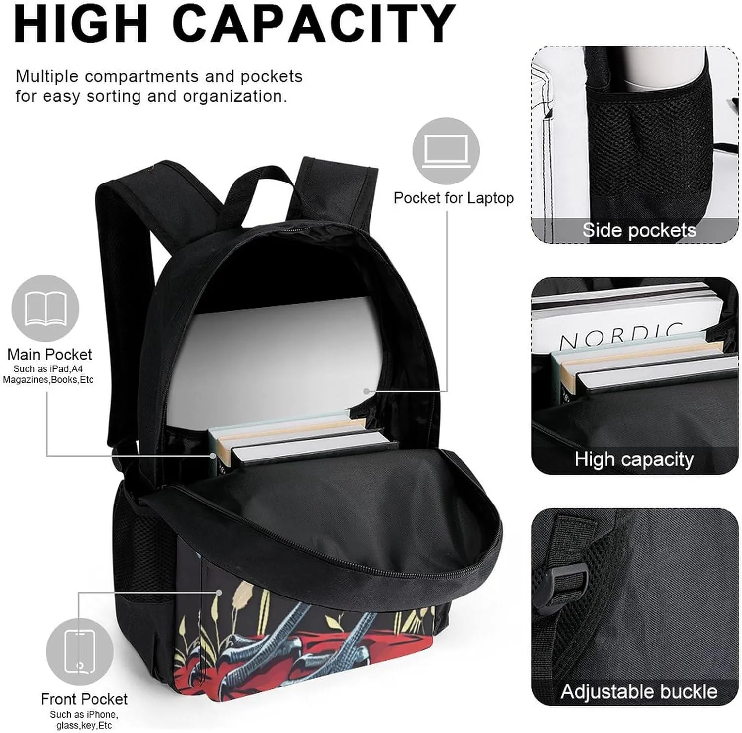 Supdreamc Adults Daypack - Horrible Night Crow Bloody Art Bookbag 3 Piece College Daypack Traveling & Camping Backpack, 3 Piece Climbing Shoulder Bag