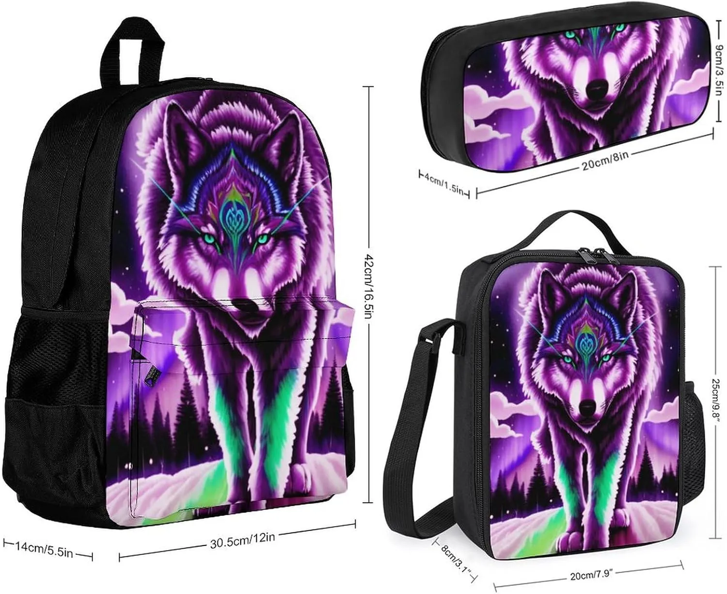Supdreamc Adults Daypack Sets - Mountain And Northern Light Wolves Psychedelic Art Bookbag 3 Piece College Daypack Traveling & Camping Backpack, 3 Piece Climbing Shoulder Bag