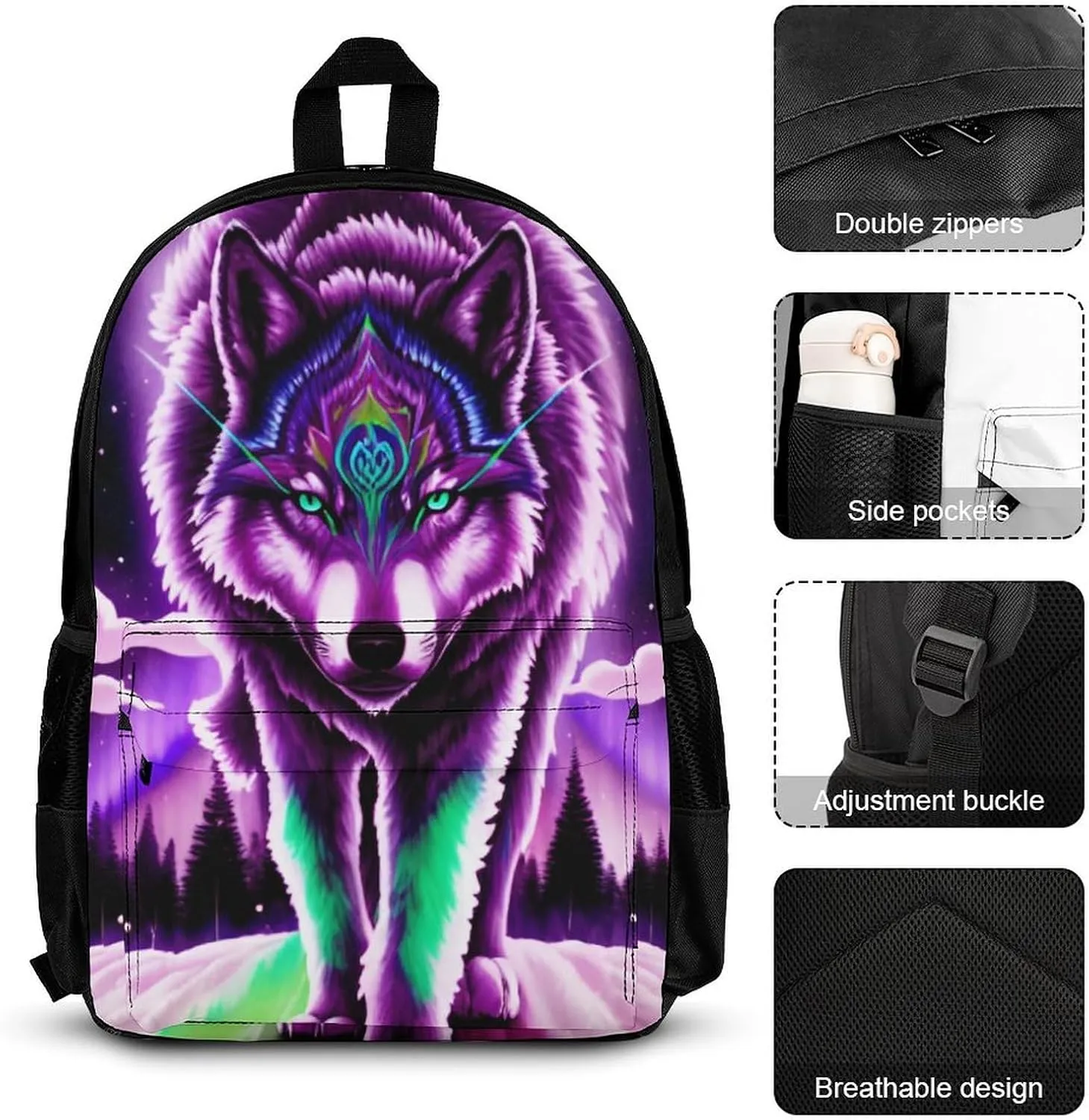 Supdreamc Adults Daypack Sets - Mountain And Northern Light Wolves Psychedelic Art Bookbag 3 Piece College Daypack Traveling & Camping Backpack, 3 Piece Climbing Shoulder Bag