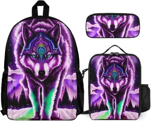 Supdreamc Adults Daypack Sets - Mountain And Northern Light Wolves Psychedelic Art Bookbag 3 Piece College Daypack Traveling & Camping Backpack, 3 Piece Climbing Shoulder Bag