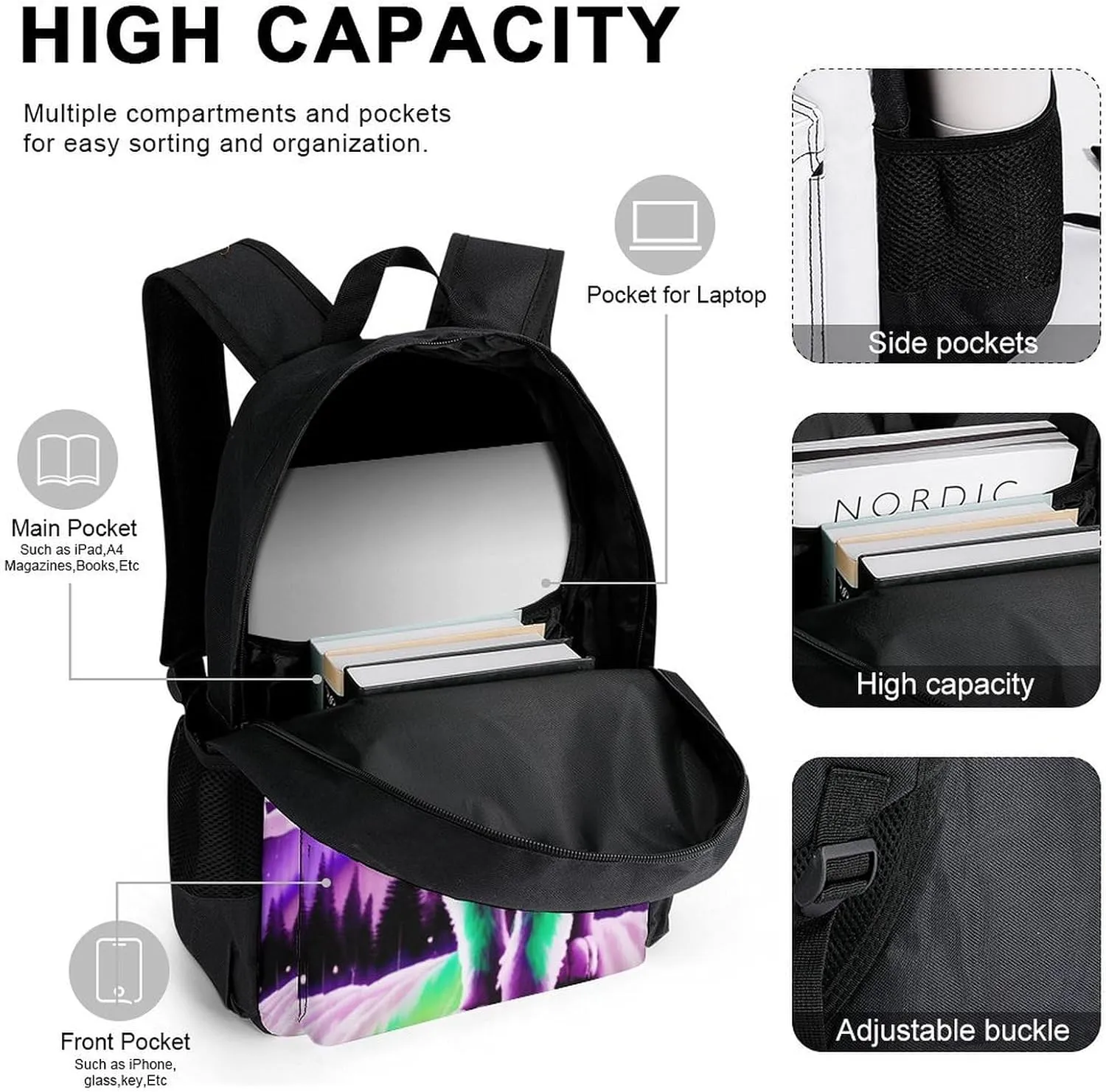 Supdreamc Adults Daypack Sets - Mountain And Northern Light Wolves Psychedelic Art Bookbag 3 Piece College Daypack Traveling & Camping Backpack, 3 Piece Climbing Shoulder Bag
