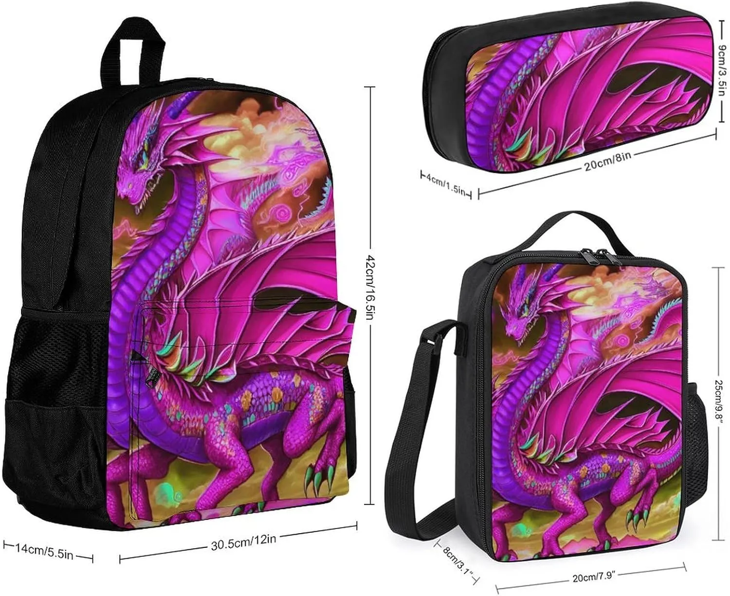 Supdreamc Adults Daypack Sets - Mystery Dragon Trippy Art Shoulder Bag 3 Piece College Travel Hiking Backpack, 3 Piece Daypack Climbing Shoulder Bag