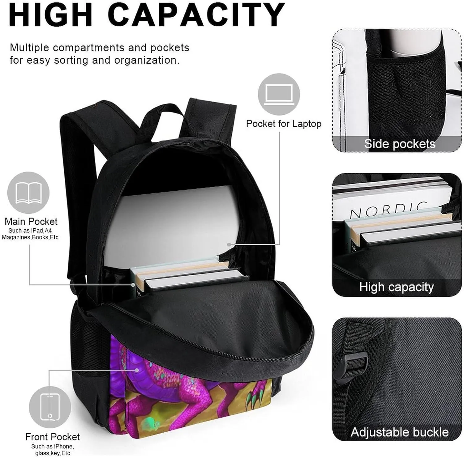 Supdreamc Adults Daypack Sets - Mystery Dragon Trippy Art Shoulder Bag 3 Piece College Travel Hiking Backpack, 3 Piece Daypack Climbing Shoulder Bag