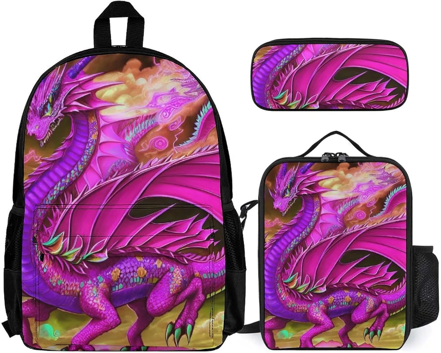 Supdreamc Adults Daypack Sets - Mystery Dragon Trippy Art Shoulder Bag 3 Piece College Travel Hiking Backpack, 3 Piece Daypack Climbing Shoulder Bag