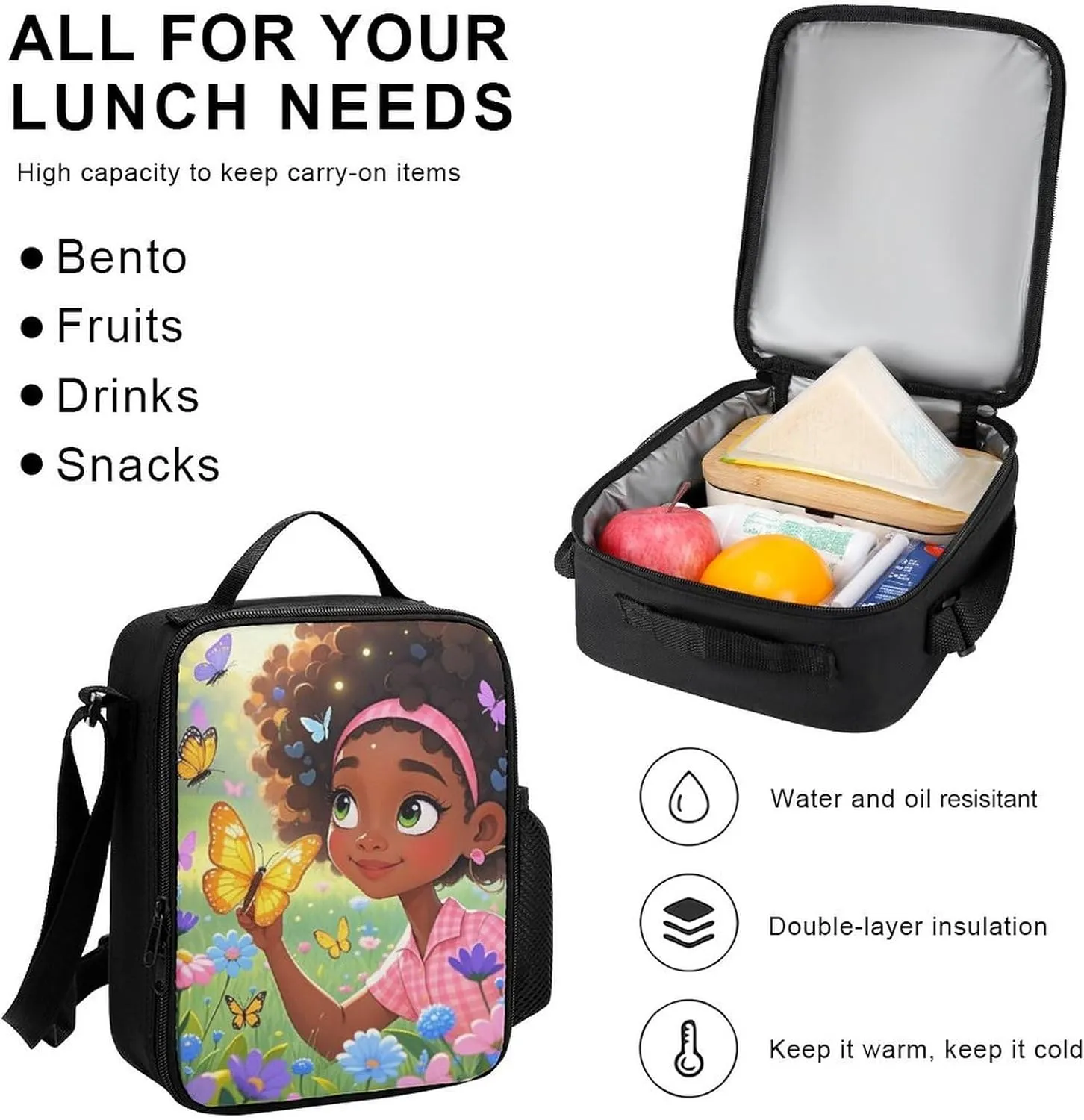 Supdreamc Camping Outdoor Backpack 3 Piece Daypack Sets Shoulder Bag Big Capacity Daypack Colorful Afro American Black Woman With Butterflies Art Daypack Backpack for Adults