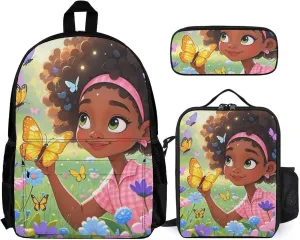 Supdreamc Camping Outdoor Backpack 3 Piece Daypack Sets Shoulder Bag Big Capacity Daypack Colorful Afro American Black Woman With Butterflies Art Daypack Backpack for Adults