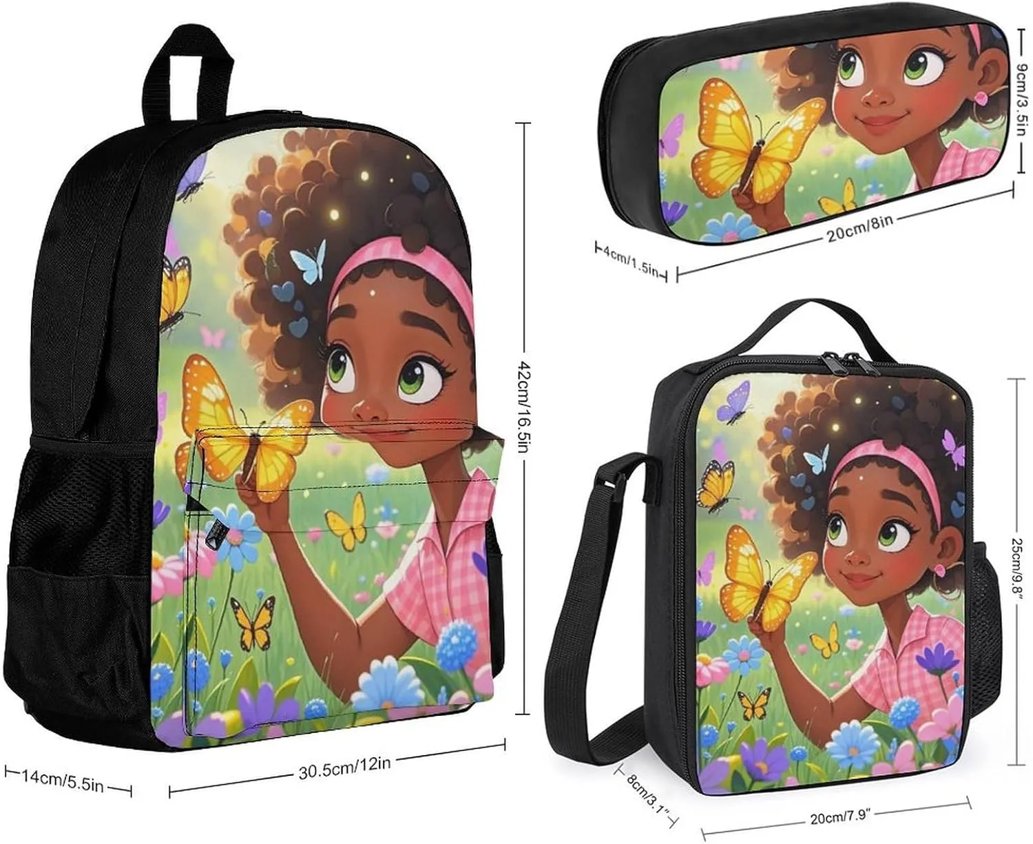 Supdreamc Camping Outdoor Backpack 3 Piece Daypack Sets Shoulder Bag Big Capacity Daypack Colorful Afro American Black Woman With Butterflies Art Daypack Backpack for Adults