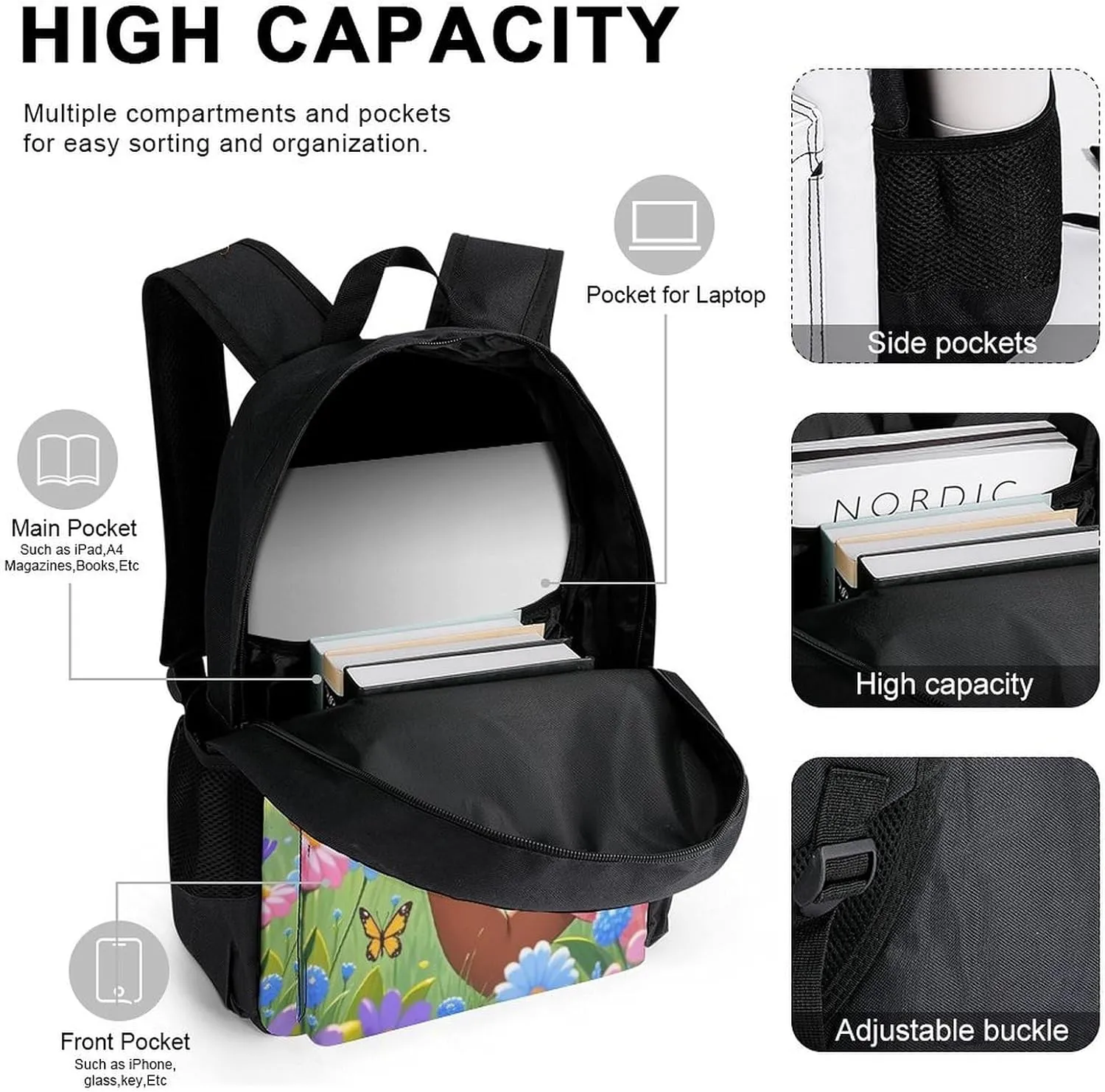 Supdreamc Camping Outdoor Backpack 3 Piece Daypack Sets Shoulder Bag Big Capacity Daypack Colorful Afro American Black Woman With Butterflies Art Daypack Backpack for Adults