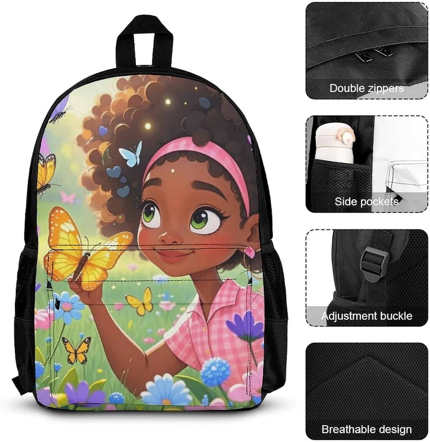 Supdreamc Camping Outdoor Backpack 3 Piece Daypack Sets Shoulder Bag Big Capacity Daypack Colorful Afro American Black Woman With Butterflies Art Daypack Backpack for Adults