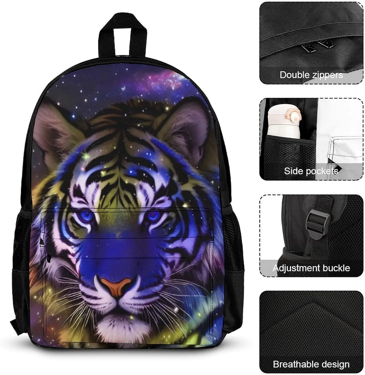 Supdreamc Camping Picnic Walking Cycling Backpack Sets Daypack 3 Pcs Anti-Theft Multipurpose Backpack Sets Large Capacity Bookbag, Mystic Fantasy Galaxy Sky Fantasy Wild Animals Tiger Art