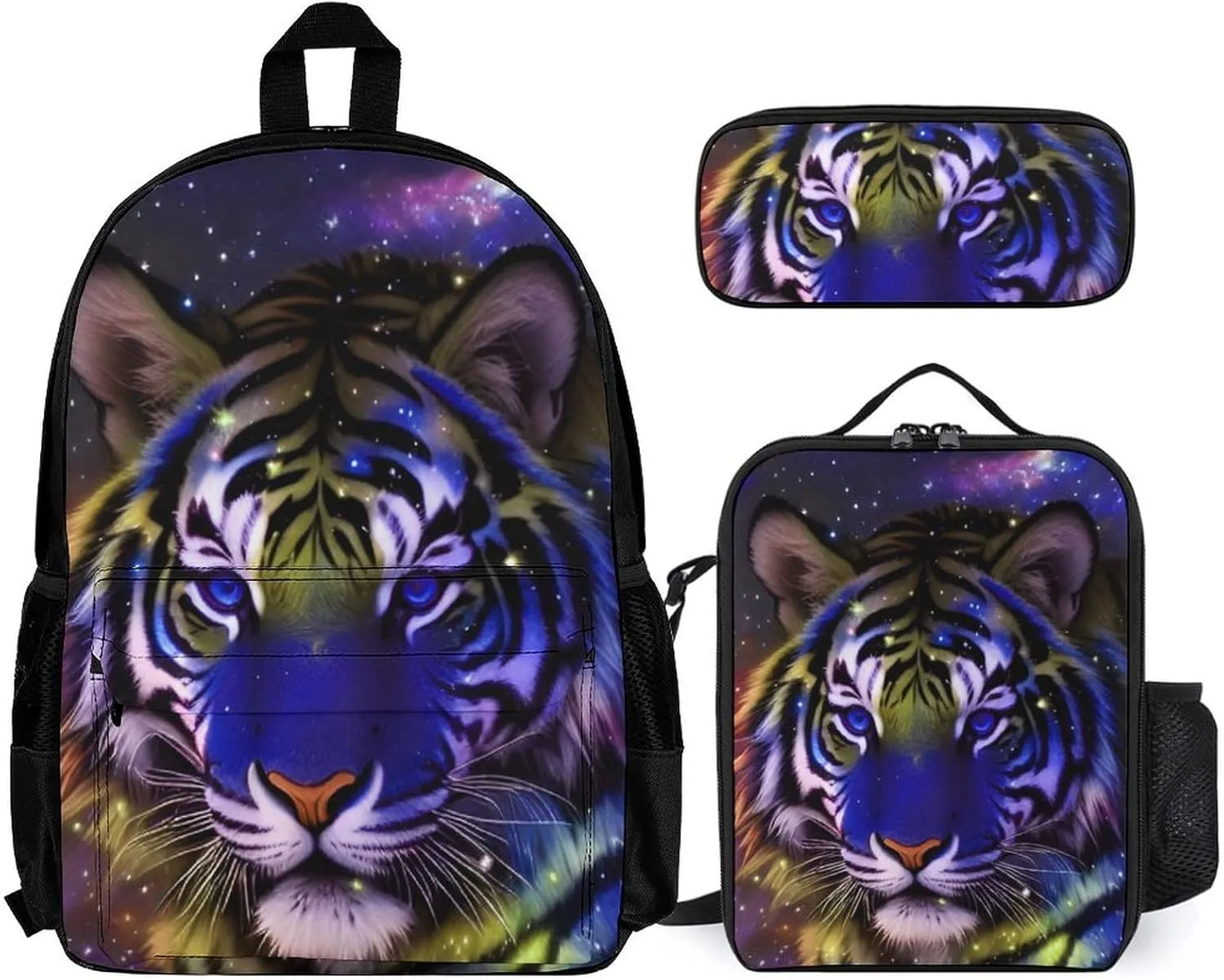 Supdreamc Camping Picnic Walking Cycling Backpack Sets Daypack 3 Pcs Anti-Theft Multipurpose Backpack Sets Large Capacity Bookbag, Mystic Fantasy Galaxy Sky Fantasy Wild Animals Tiger Art