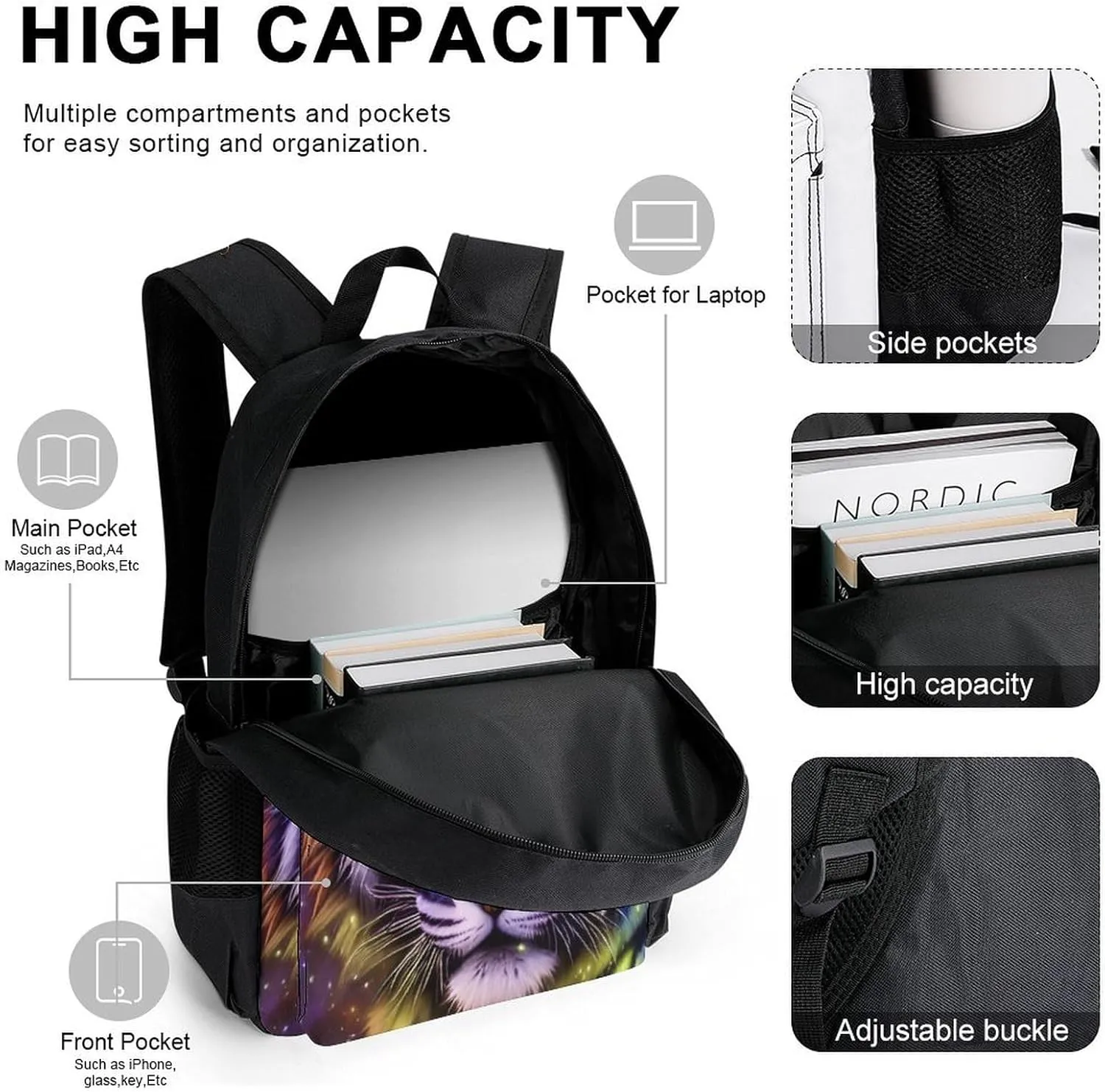 Supdreamc Camping Picnic Walking Cycling Backpack Sets Daypack 3 Pcs Anti-Theft Multipurpose Backpack Sets Large Capacity Bookbag, Mystic Fantasy Galaxy Sky Fantasy Wild Animals Tiger Art