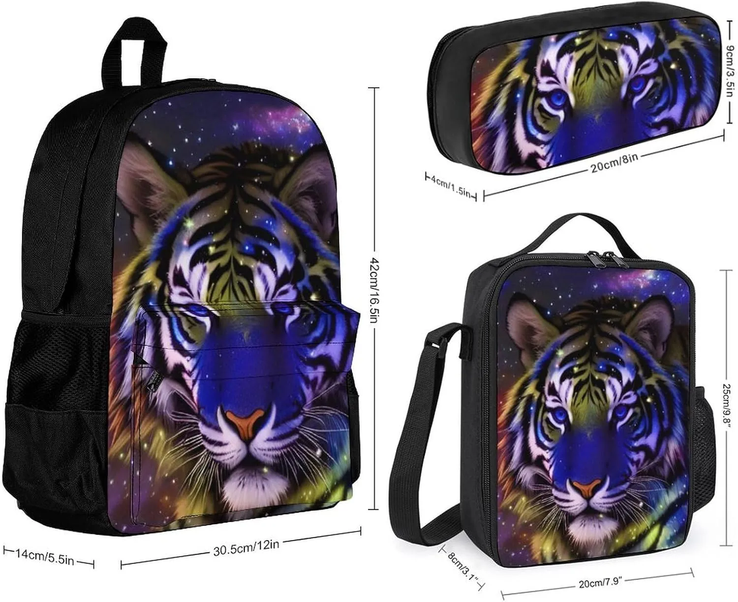 Supdreamc Camping Picnic Walking Cycling Backpack Sets Daypack 3 Pcs Anti-Theft Multipurpose Backpack Sets Large Capacity Bookbag, Mystic Fantasy Galaxy Sky Fantasy Wild Animals Tiger Art