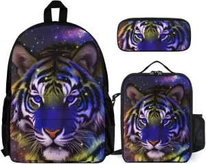 Supdreamc Camping Picnic Walking Cycling Backpack Sets Daypack 3 Pcs Anti-Theft Multipurpose Backpack Sets Large Capacity Bookbag, Mystic Fantasy Galaxy Sky Fantasy Wild Animals Tiger Art