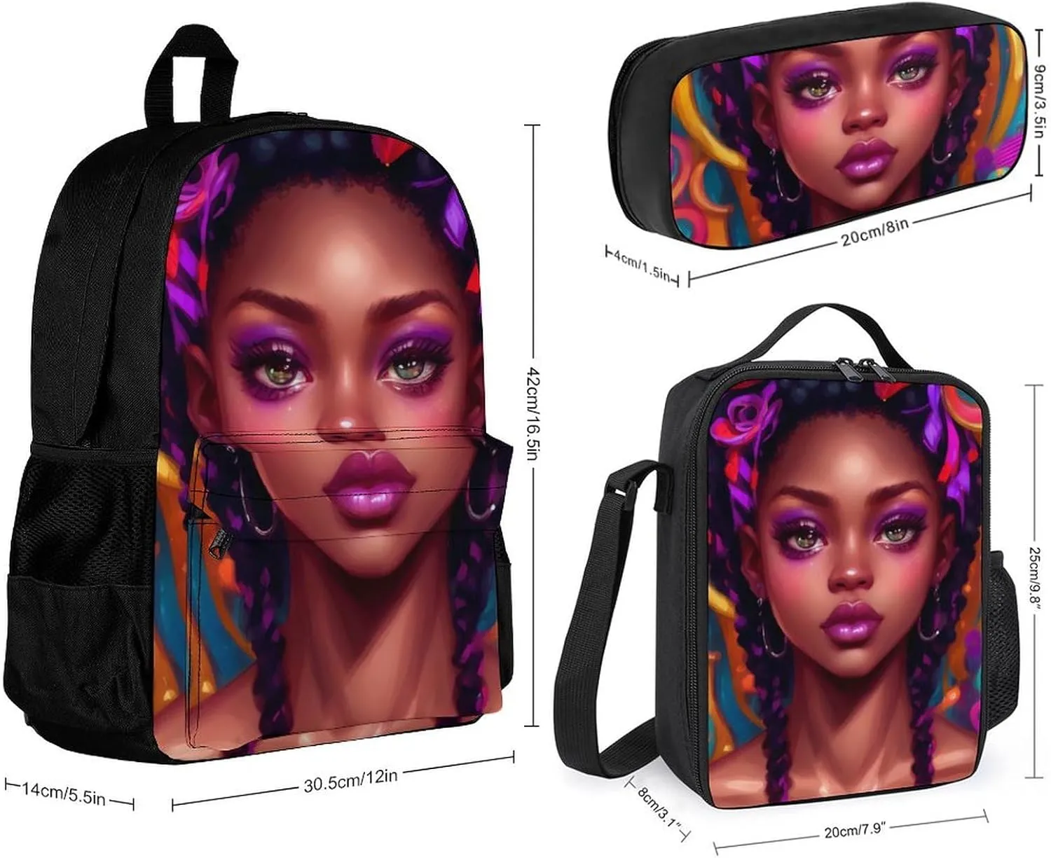Supdreamc Travel Hiking Bag & Day Pack Gym Outdoor Hiking Bag Big Capacity Backpack African American Women Black Women Ethnic Art 3 Piece College Daypack for Men Women Adults