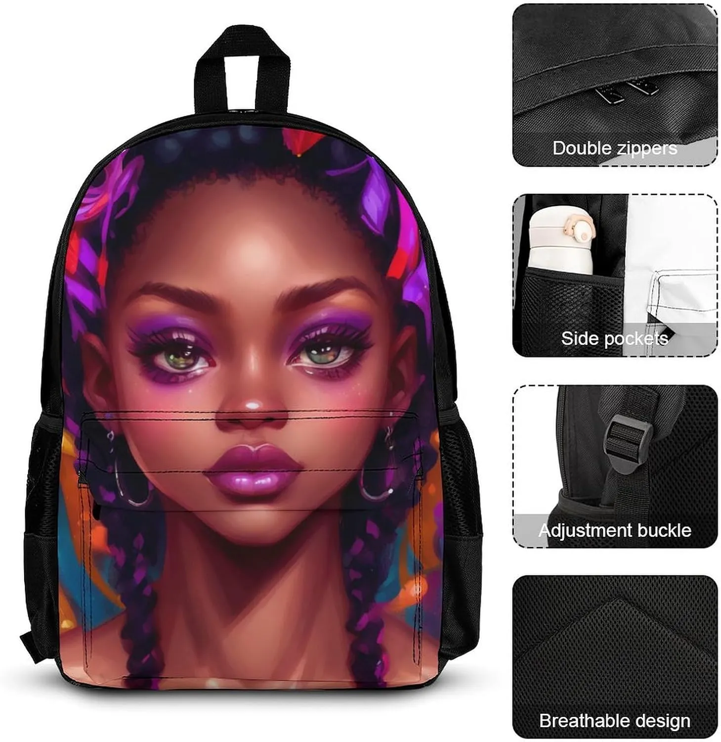 Supdreamc Travel Hiking Bag & Day Pack Gym Outdoor Hiking Bag Big Capacity Backpack African American Women Black Women Ethnic Art 3 Piece College Daypack for Men Women Adults