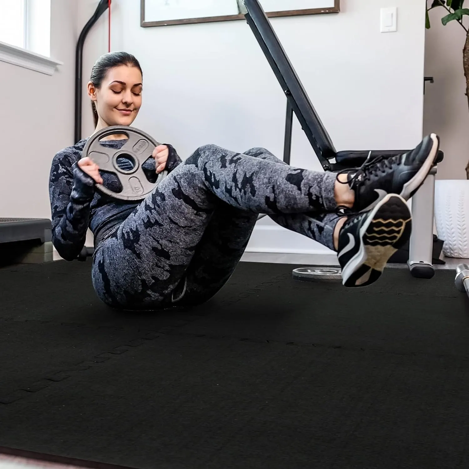 SUPERJARE 0.56'' Thick 12 Pcs 48 Sq Ft Rubber Top Exercise Equipment Mats, High Density EVA Foam Mats with Rubber Top, Interlocking Gym Flooring for Home Gym, Protective Workout Mat, Black