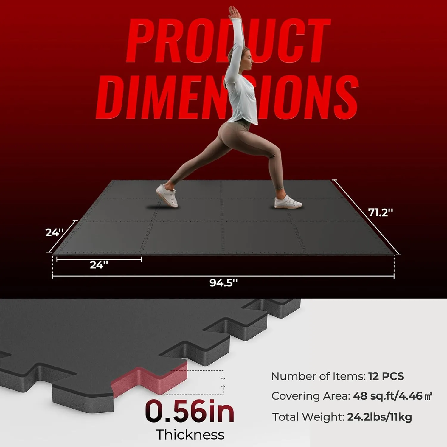 SUPERJARE 0.56'' Thick 12 Pcs 48 Sq Ft Rubber Top Exercise Equipment Mats, High Density EVA Foam Mats with Rubber Top, Interlocking Gym Flooring for Home Gym, Protective Workout Mat, Black