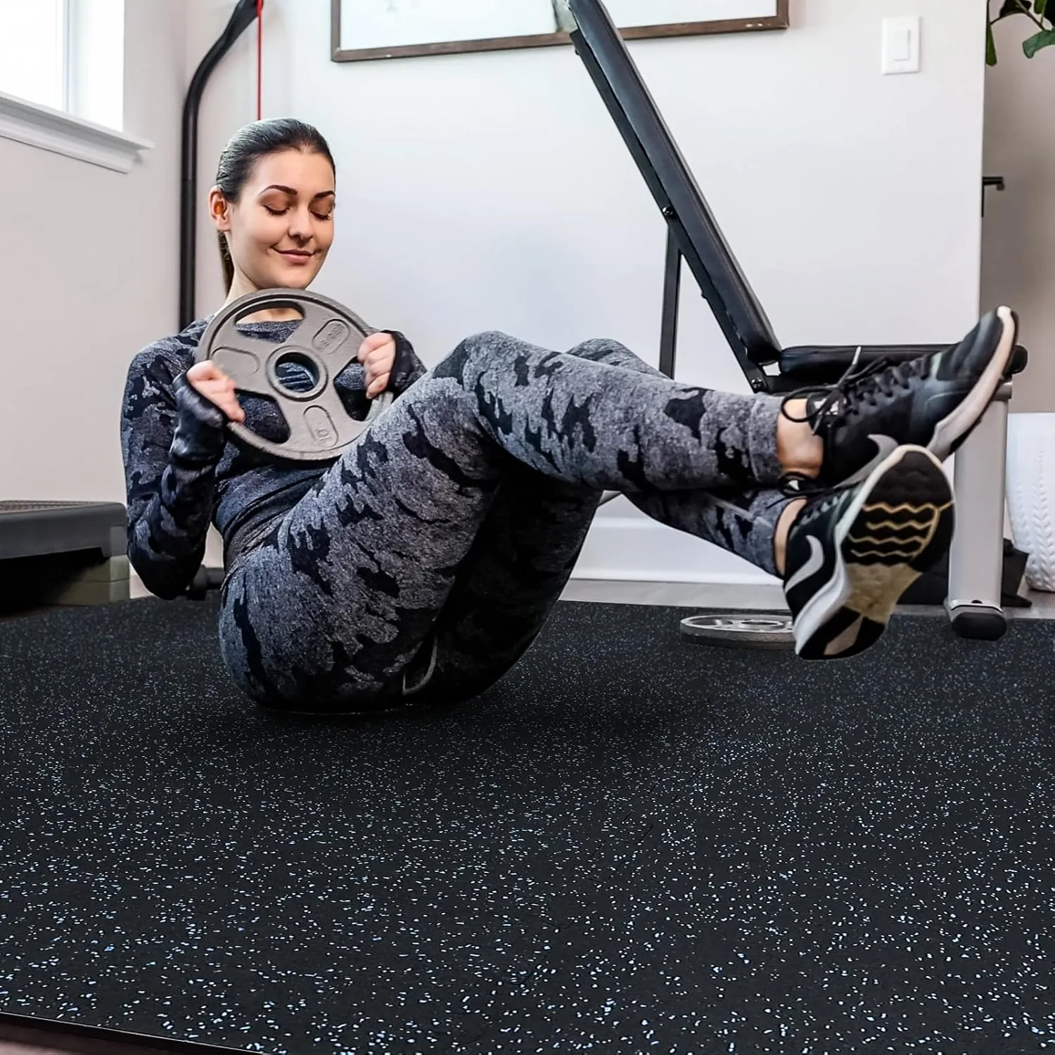 SUPERJARE 0.56'' Thick 12 Pcs 48 Sq Ft Rubber Top Exercise Equipment Mats, High Density EVA Foam Mats with Rubber Top, Interlocking Gym Flooring for Home Gym, Protective Workout Mat, Black/Blue