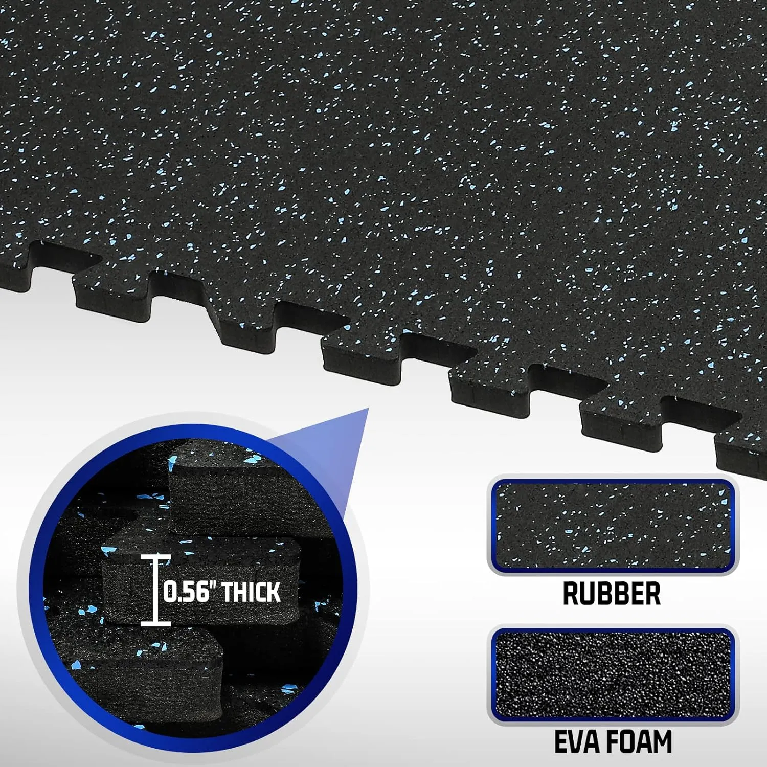 SUPERJARE 0.56'' Thick 12 Pcs 48 Sq Ft Rubber Top Exercise Equipment Mats, High Density EVA Foam Mats with Rubber Top, Interlocking Gym Flooring for Home Gym, Protective Workout Mat, Black/Blue
