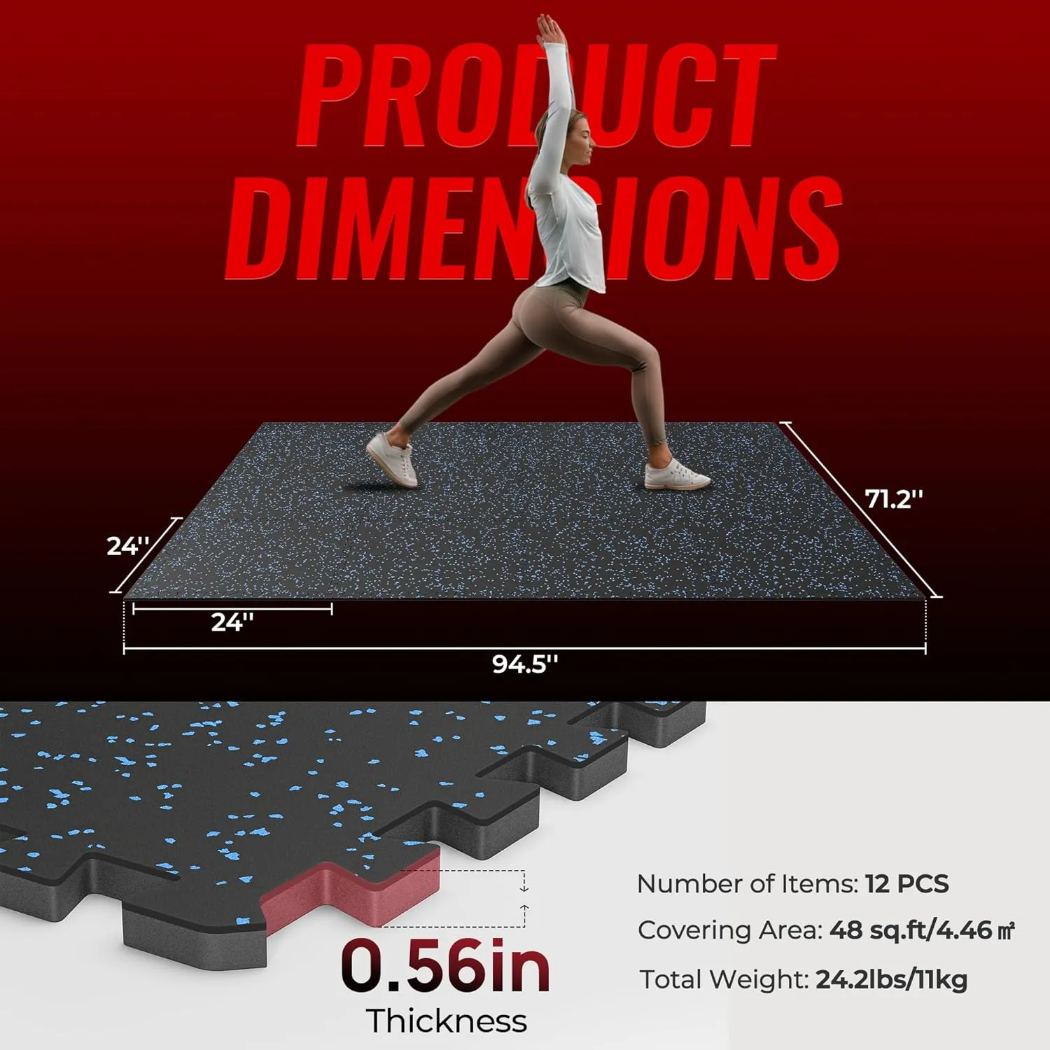 SUPERJARE 0.56'' Thick 12 Pcs 48 Sq Ft Rubber Top Exercise Equipment Mats, High Density EVA Foam Mats with Rubber Top, Interlocking Gym Flooring for Home Gym, Protective Workout Mat, Black/Blue