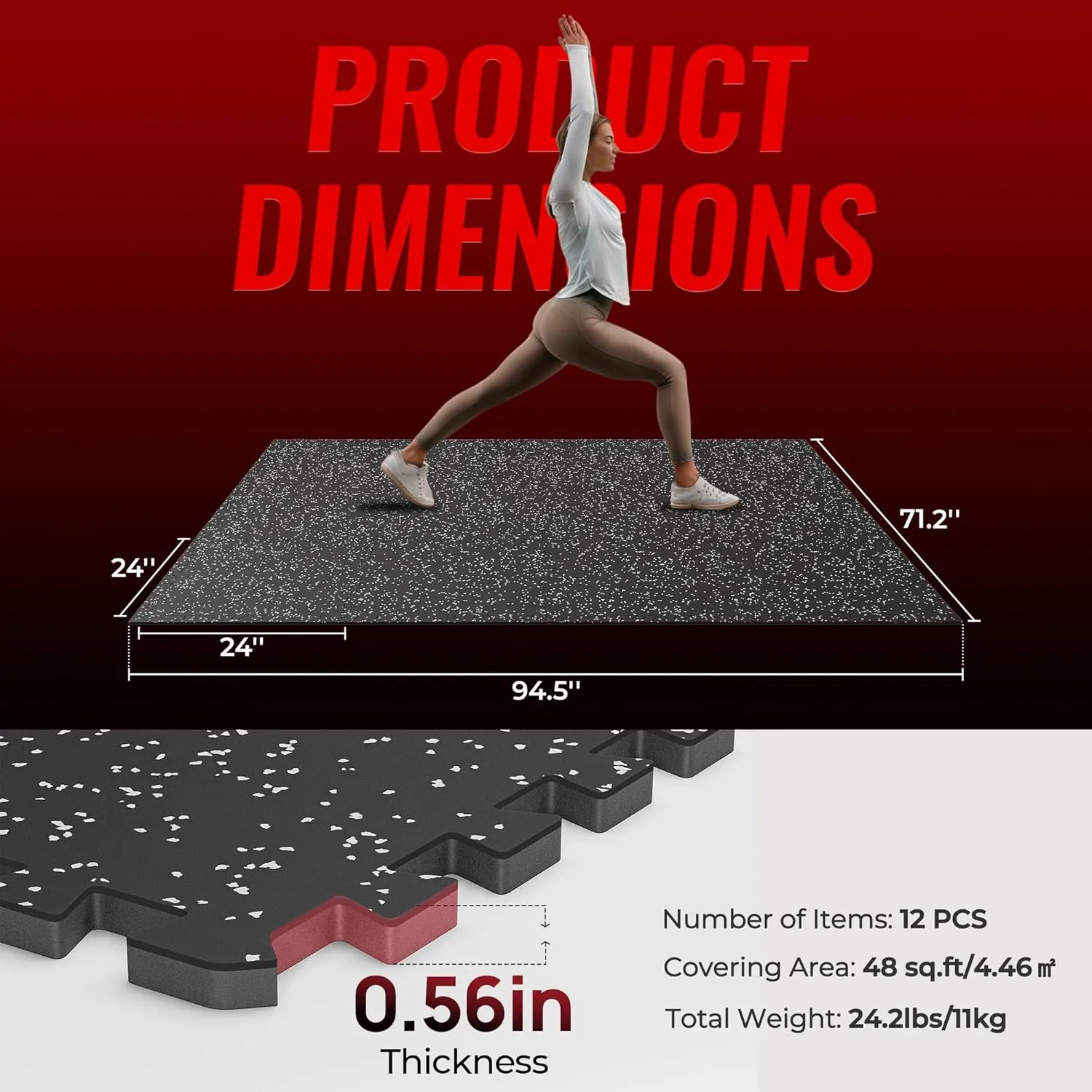 SUPERJARE 0.56'' Thick 12 Pcs 48 Sq Ft Rubber Top Exercise Equipment Mats, High Density EVA Foam Mats with Rubber Top, Interlocking Gym Flooring for Home Gym, Protective Workout Mat, Black/Grey