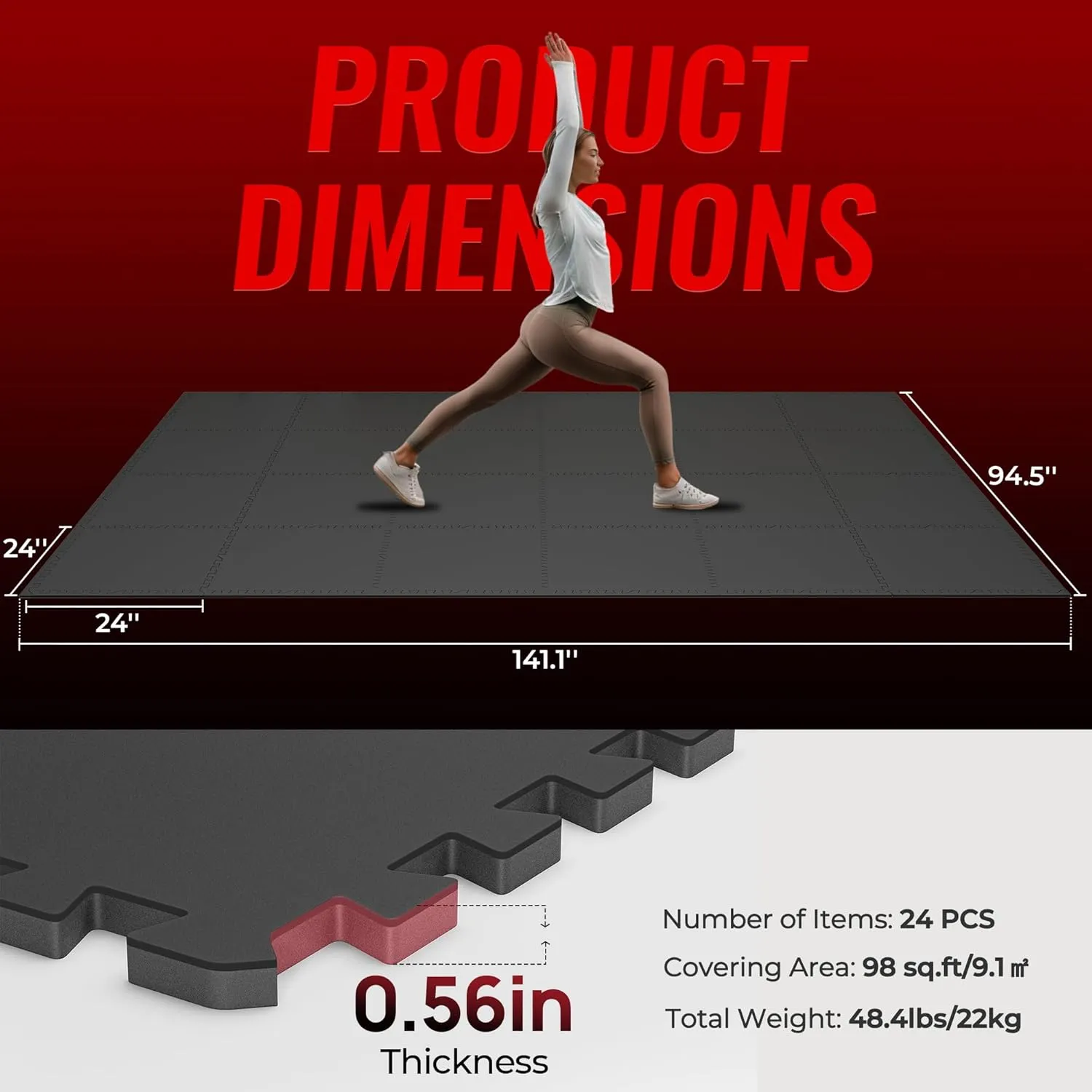 SUPERJARE 0.56'' Thick 24 Pcs 96 Sq Ft Rubber Top Exercise Equipment Mats, High Density EVA Foam Mats with Rubber Top, Interlocking Gym Flooring for Home Gym, Protective Workout Mat, Black