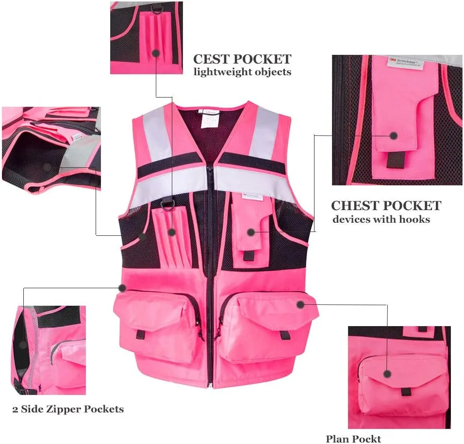 SUXIBIP 10 Pockets Safety Vest for Men and Women, High Visibility vest with 3M Reflective Strips, Oxford Fabric