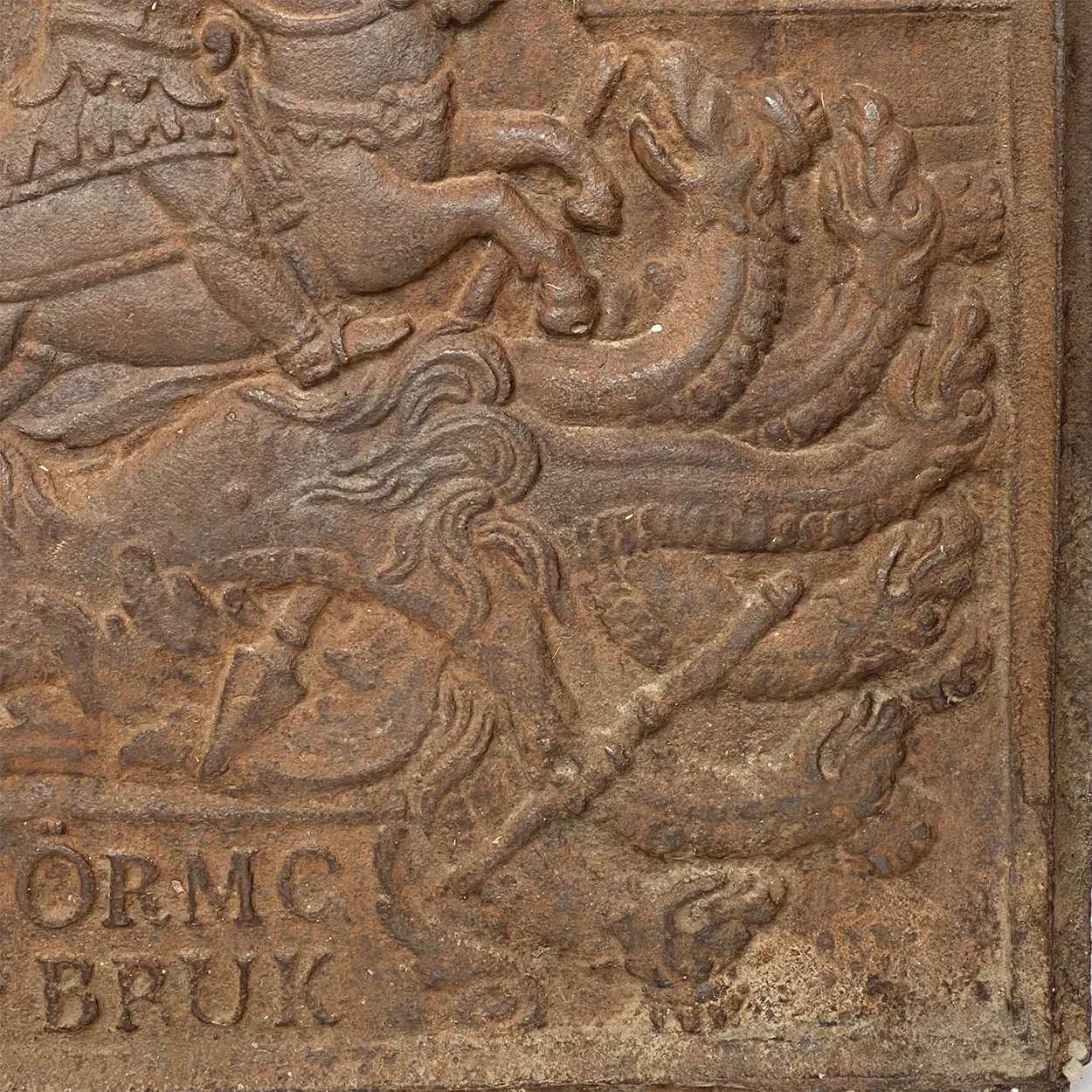 Swedish Ormo Bruk Cast Iron St. George and the Dragon Stove Plate