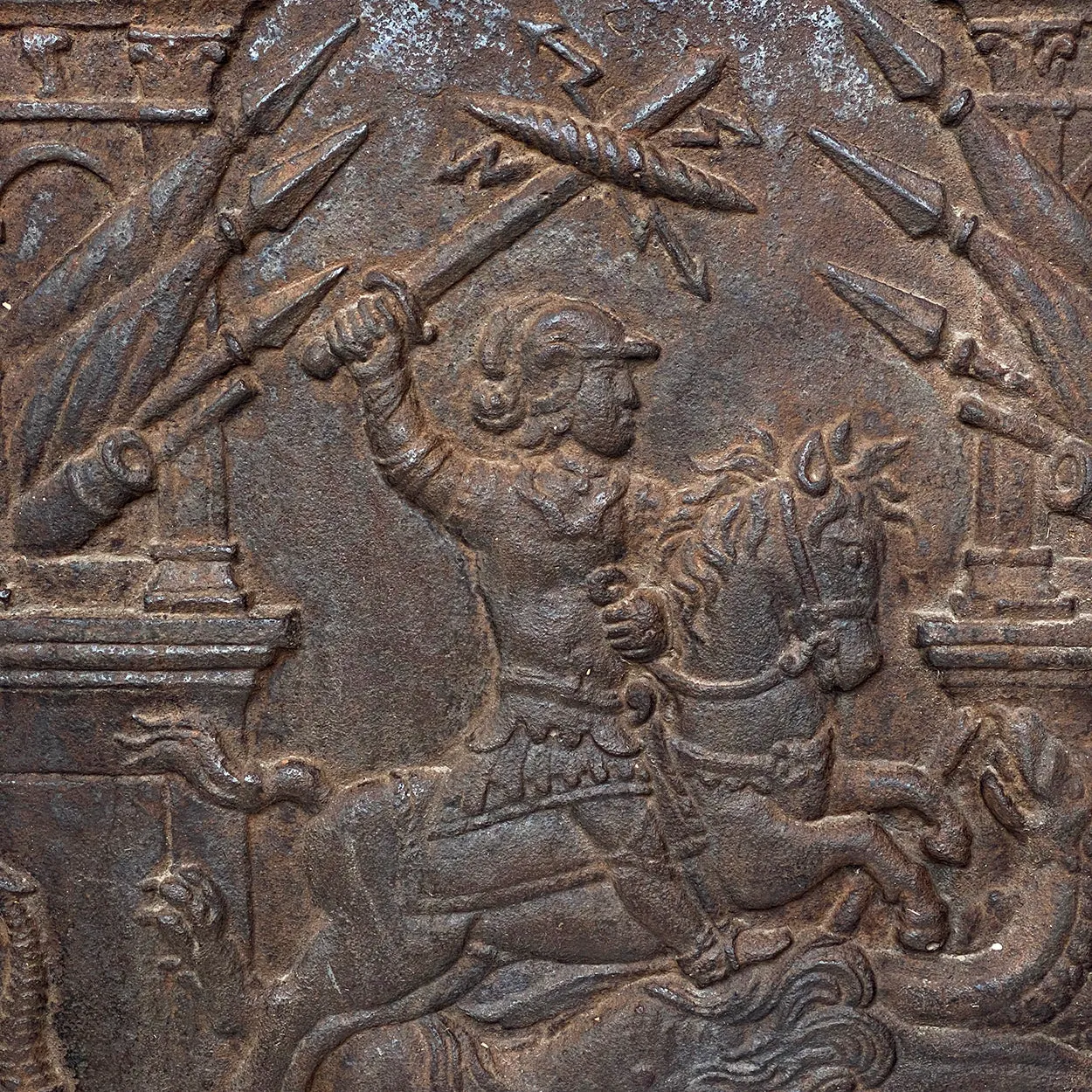 Swedish Ormo Bruk Cast Iron St. George and the Dragon Stove Plate