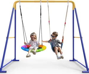 Swing Sets for Backyard, Toddler Swing Set with 2 Seat 1 Saucer & 1 Belt Seat, 440lbs Heavy-Duty Swing Frame w/8 Ground Stakes, A Frame Outdoor Swingset for Kids and Adults for Backyard