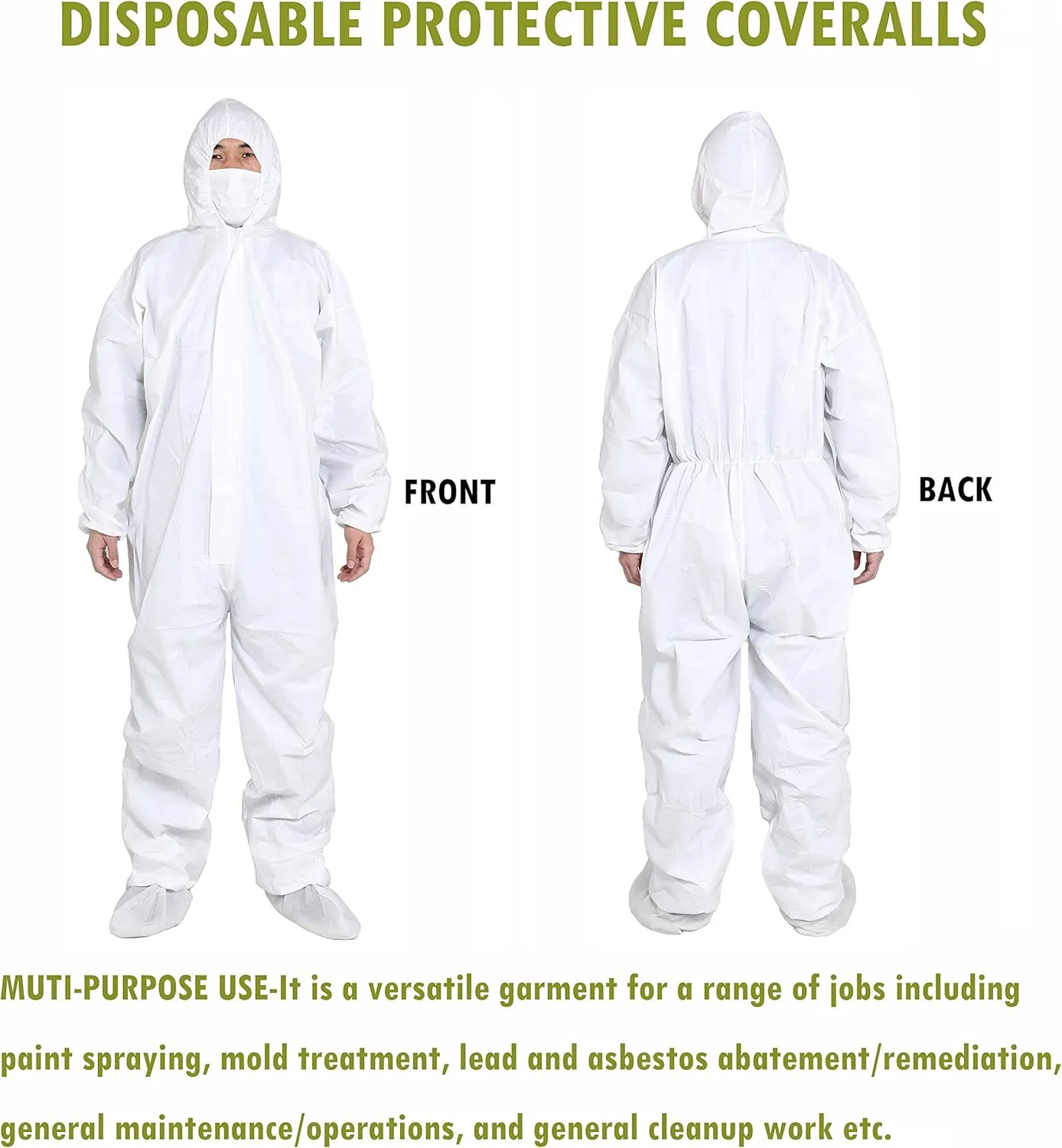 SYINE Pack of 5 Disposable Protective Coverall with Hood, Elastic Cuff for Spray Painting Cleaning Work,Breathable & Durable