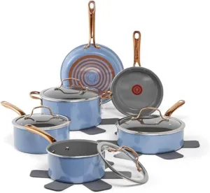 T-fal Preserve Ceramic, Ceramic Non Stick Cookware Set 13 Piece, Oven Broiler Safe 350F, Kitchen Cookware Set w/Frypans, Saucepans, Sautepan, Dutch Oven, Lids, Pan Protectors, Pots and Pans, Blue