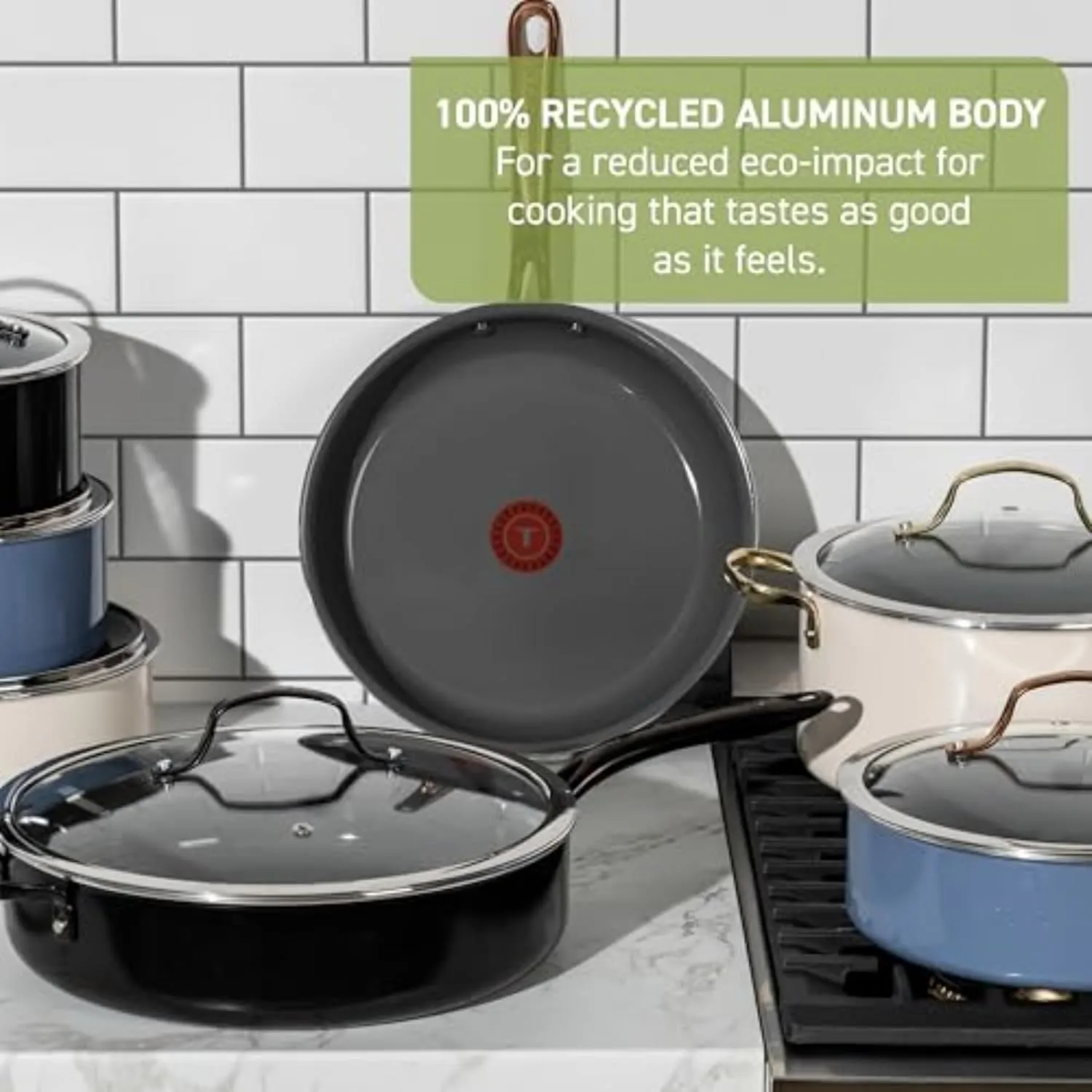 T-fal Preserve Ceramic, Ceramic Non Stick Cookware Set 13 Piece, Oven Broiler Safe 350F, Kitchen Cookware Set w/Frypans, Saucepans, Sautepan, Dutch Oven, Lids, Pan Protectors, Pots and Pans, Blue