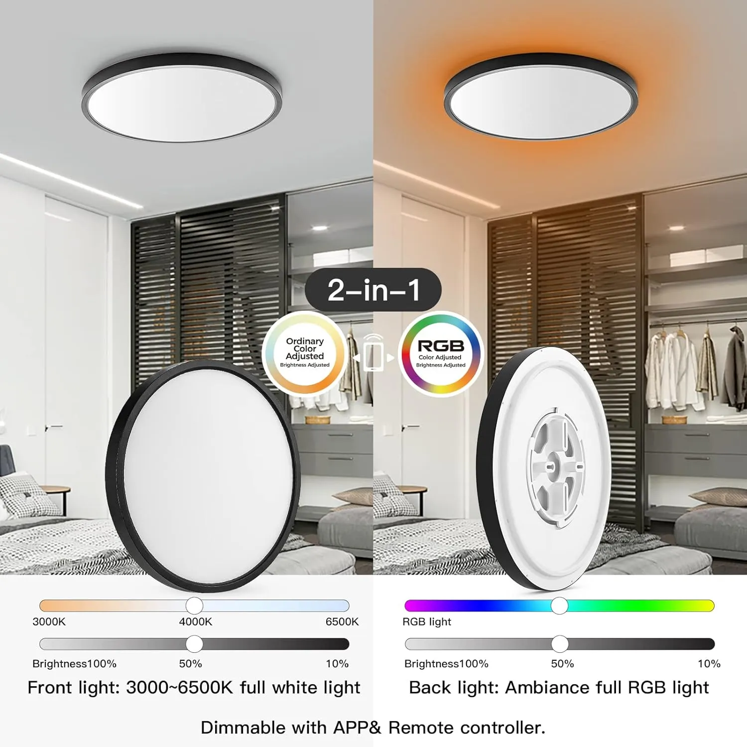 TALOYA 2 Pack Black Smart Ceiling Light Flush Mount LED WiFi, Compatible with Alexa Google Home, Dimmable Low Profile Ambient Light Fixture for Bedroom Living Room,12 Inch 24W