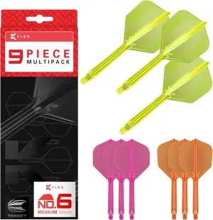 TARGET Darts K-Flex Integrated Dart Flights and Shafts, No.6, Kflex 9 Pack Bundle, K Flex 3 Colours | Black, White, Clear, Red, Green, Blue, Pink, Orange, Yellow | Short, Intermediate, Medium