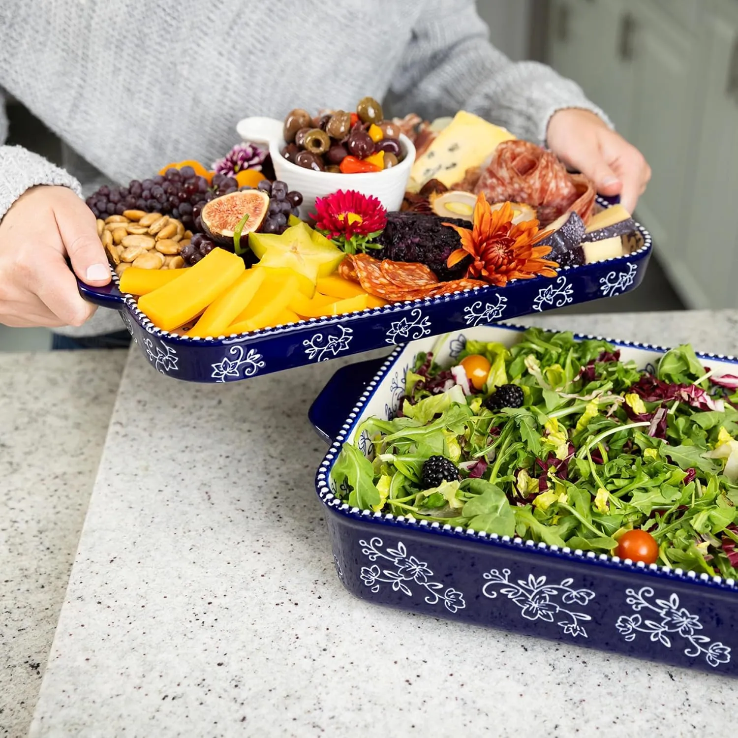 Temp-Tations 9x13 Inch Blue Floral Lace Deep Dish Casserole Baking Dish with Lid - Hand-Painted Ceramic Large Baking Dishes for Oven Set of 2, Oven to Table Bakeware, Large Ceramic Stoneware Set