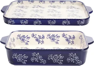 Temp-Tations 9x13 Inch Blue Floral Lace Deep Dish Casserole Baking Dish with Lid - Hand-Painted Ceramic Large Baking Dishes for Oven Set of 2, Oven to Table Bakeware, Large Ceramic Stoneware Set