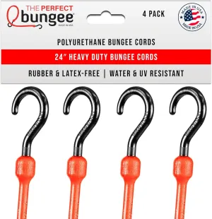 The Perfect Bungee 24 Inch Heavy Duty Bungee Cords, All Weather, All Temp, All Season - 4 Pack, Red - Made in The USA - Stretches Two Times Original Length