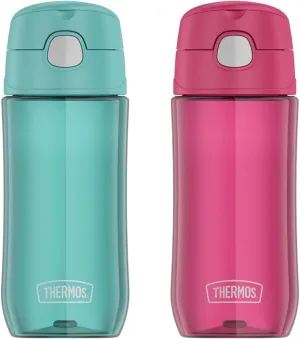 THERMOS FUNTAINER 16 Ounce Plastic Hydration Bottles with Spout, Aqua and Raspberry, 2-Pack