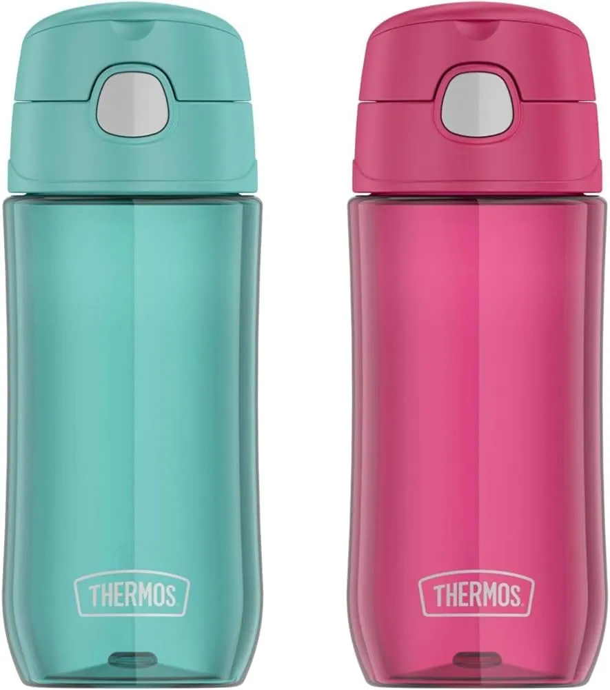 THERMOS FUNTAINER 16 Ounce Plastic Hydration Bottles with Spout, Aqua and Raspberry, 2-Pack