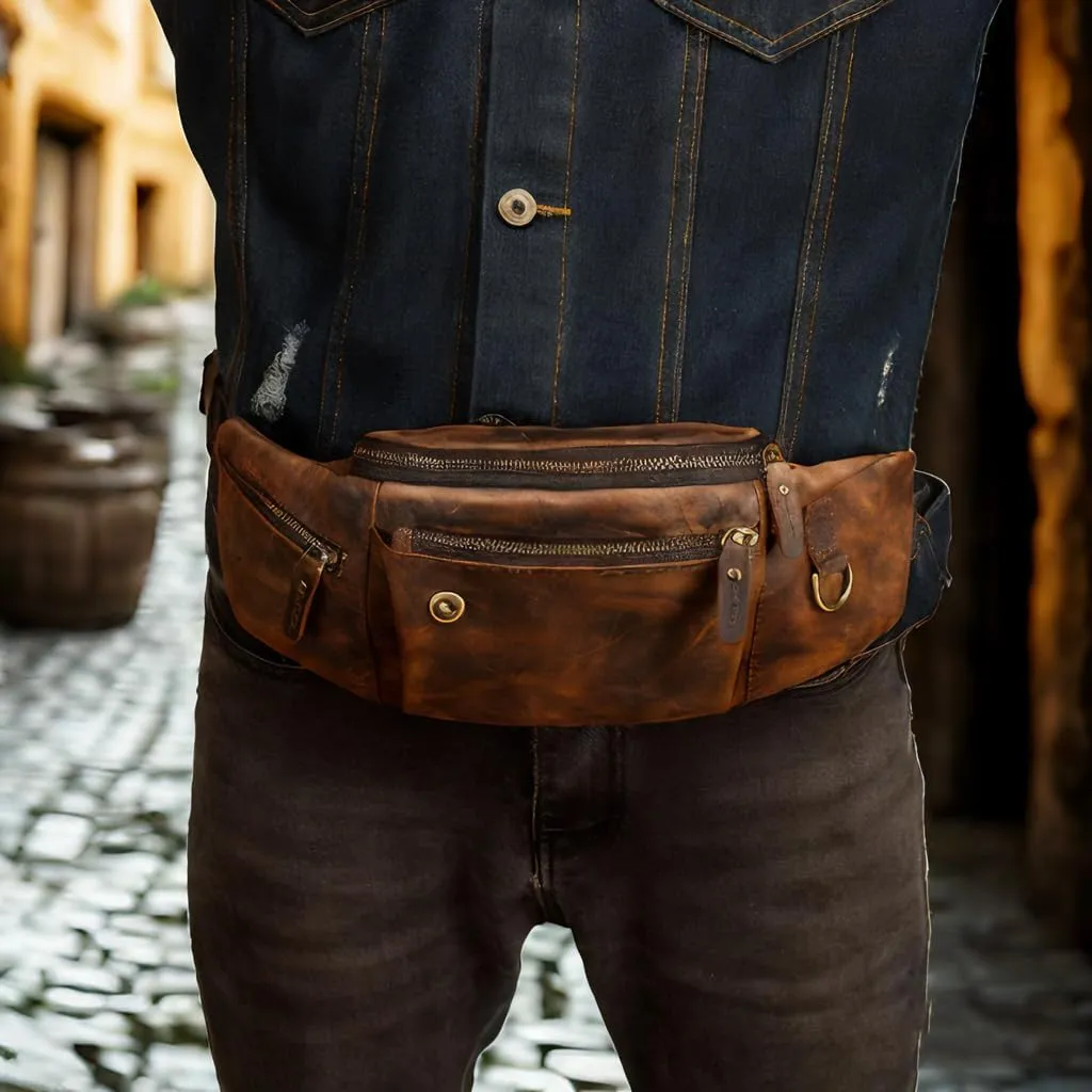 Thick Crazy Horse Leather Hiking Riding Travel Outdoor Belt Bag Fanny Waist Pack Small Phone Pouch For Men Women 380 (389 Brown)