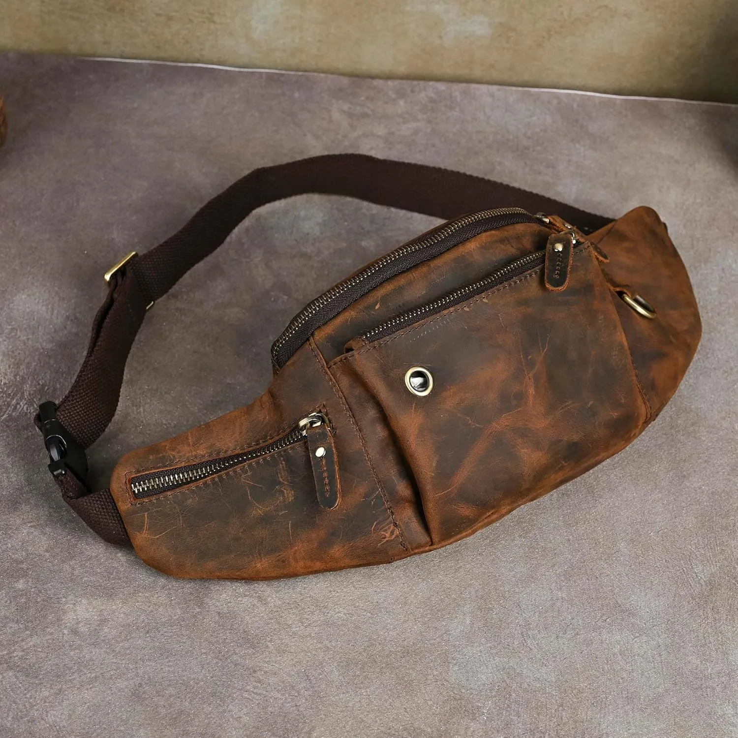 Thick Crazy Horse Leather Hiking Riding Travel Outdoor Belt Bag Fanny Waist Pack Small Phone Pouch For Men Women 380 (389 Brown)