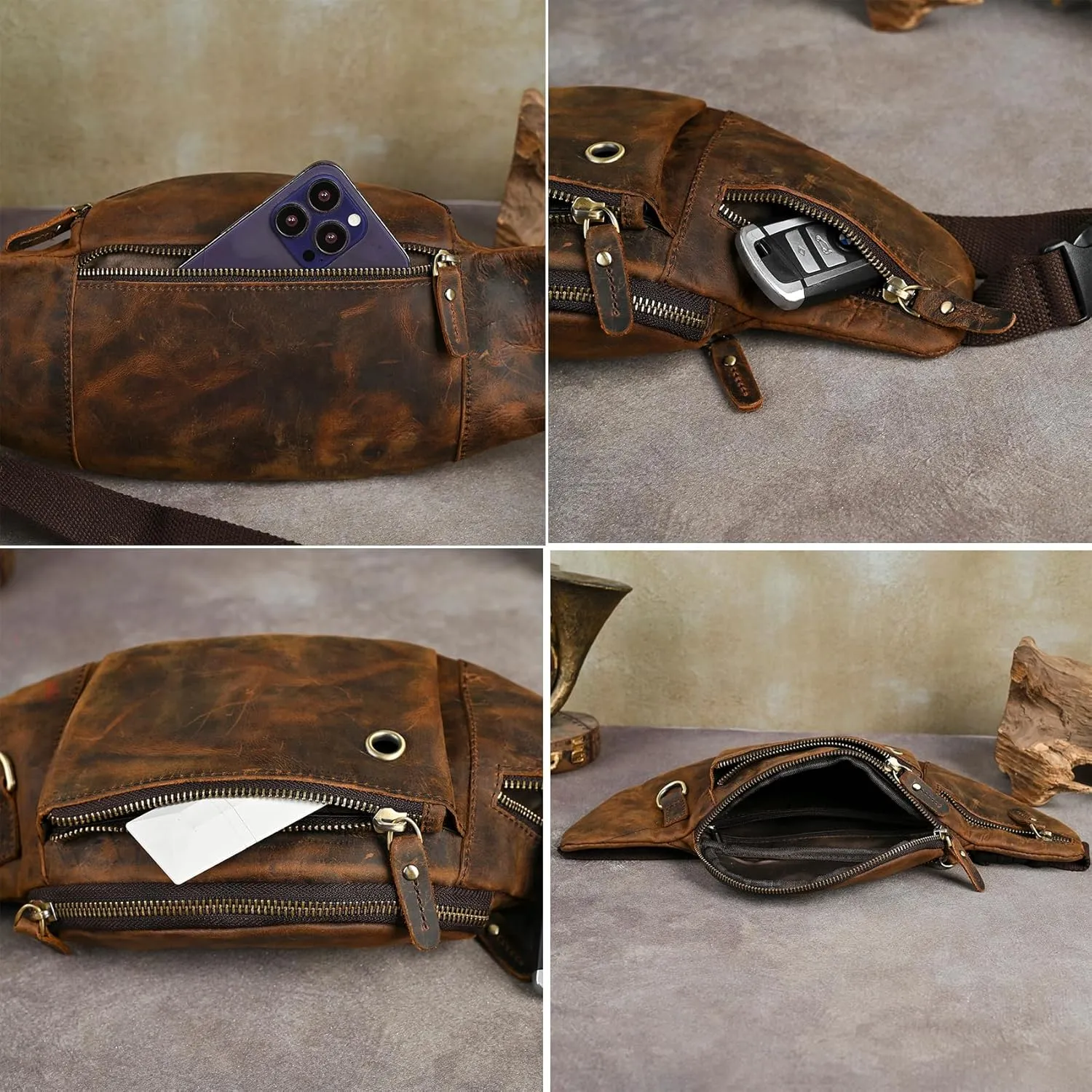 Thick Crazy Horse Leather Hiking Riding Travel Outdoor Belt Bag Fanny Waist Pack Small Phone Pouch For Men Women 380 (389 Brown)
