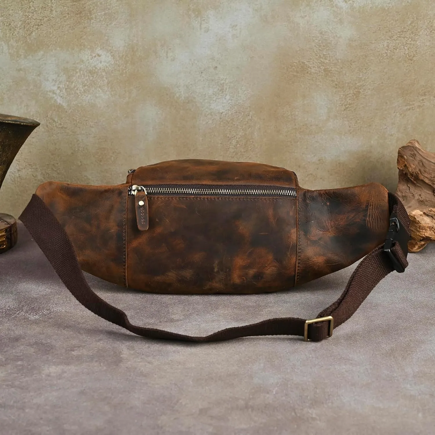 Thick Crazy Horse Leather Hiking Riding Travel Outdoor Belt Bag Fanny Waist Pack Small Phone Pouch For Men Women 380 (389 Brown)