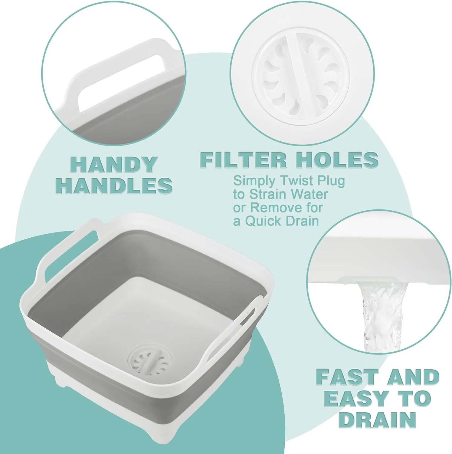 Tiawudi 2 Pack Dishpan for Washing Dishes, Wash Basin with Draining Plug Carry Handles, Collapsible Bucket for Cleaning, Portable Sink, Foldable Plastic Tub, 2.4Gal/9L Each