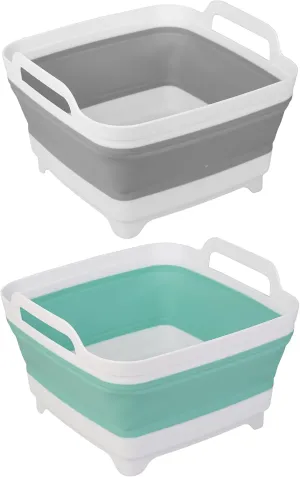 Tiawudi 2 Pack Dishpan for Washing Dishes, Wash Basin with Draining Plug Carry Handles, Collapsible Bucket for Cleaning, Portable Sink, Foldable Plastic Tub, 2.4Gal/9L Each